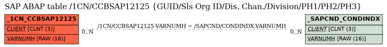 E-R Diagram for table /1CN/CCBSAP12125 (GUID/Sls Org ID/Dis. Chan./Division/PH1/PH2/PH3)