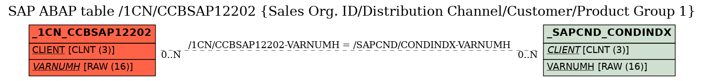 E-R Diagram for table /1CN/CCBSAP12202 (Sales Org. ID/Distribution Channel/Customer/Product Group 1)