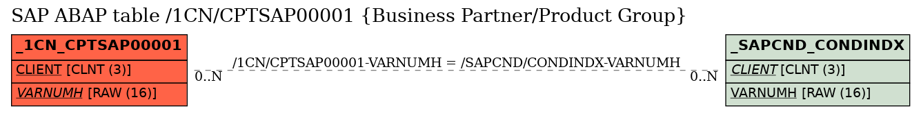 E-R Diagram for table /1CN/CPTSAP00001 (Business Partner/Product Group)