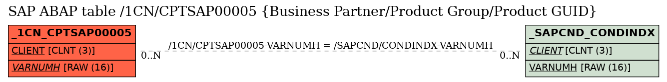 E-R Diagram for table /1CN/CPTSAP00005 (Business Partner/Product Group/Product GUID)
