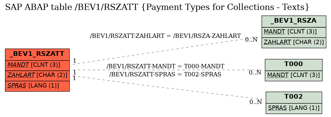 E-R Diagram for table /BEV1/RSZATT (Payment Types for Collections - Texts)