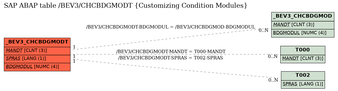 E-R Diagram for table /BEV3/CHCBDGMODT (Customizing Condition Modules)