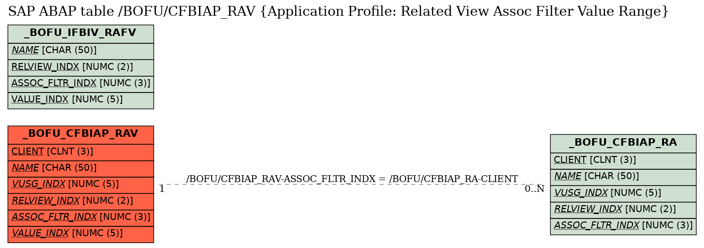 E-R Diagram for table /BOFU/CFBIAP_RAV (Application Profile: Related View Assoc Filter Value Range)