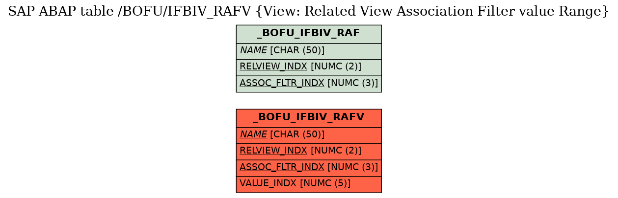 E-R Diagram for table /BOFU/IFBIV_RAFV (View: Related View Association Filter value Range)