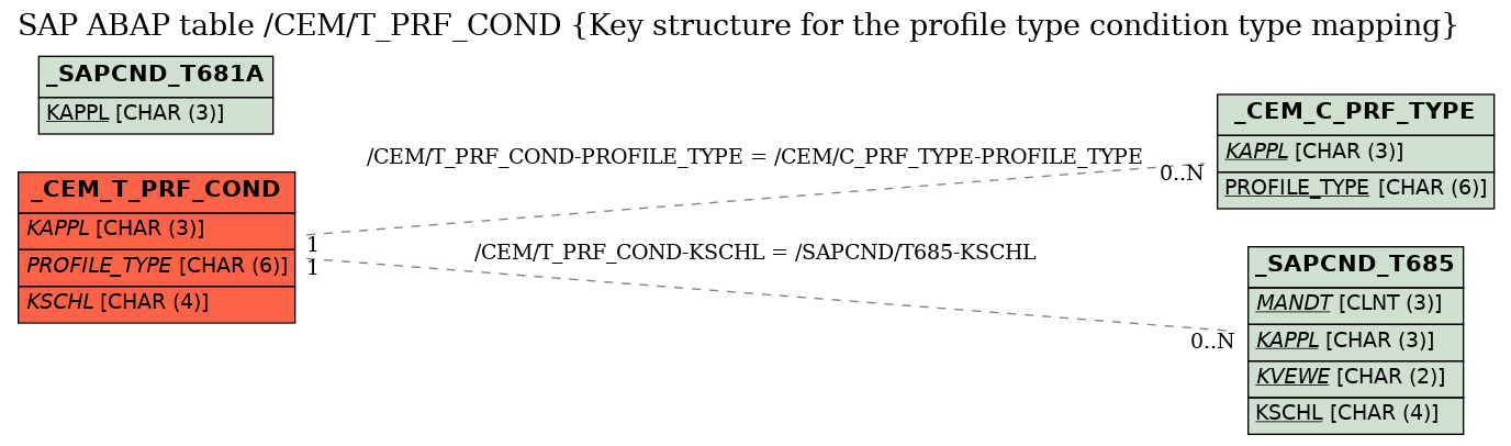 E-R Diagram for table /CEM/T_PRF_COND (Key structure for the profile type condition type mapping)