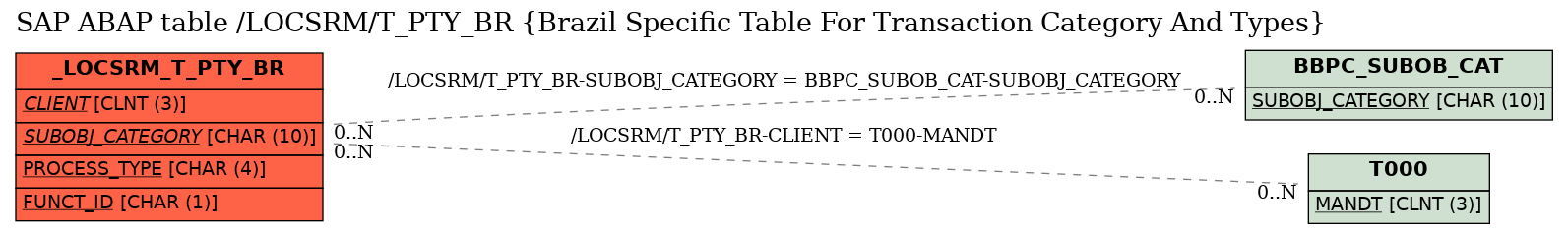 E-R Diagram for table /LOCSRM/T_PTY_BR (Brazil Specific Table For Transaction Category And Types)