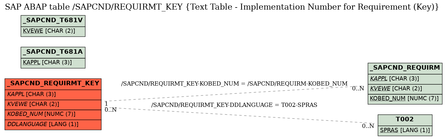 E-R Diagram for table /SAPCND/REQUIRMT_KEY (Text Table - Implementation Number for Requirement (Key))