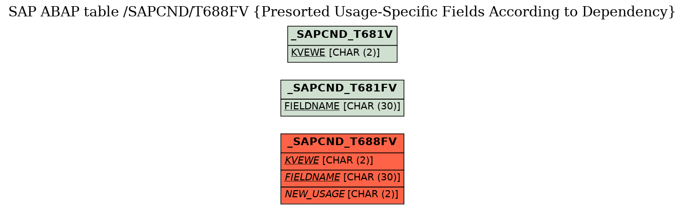 E-R Diagram for table /SAPCND/T688FV (Presorted Usage-Specific Fields According to Dependency)