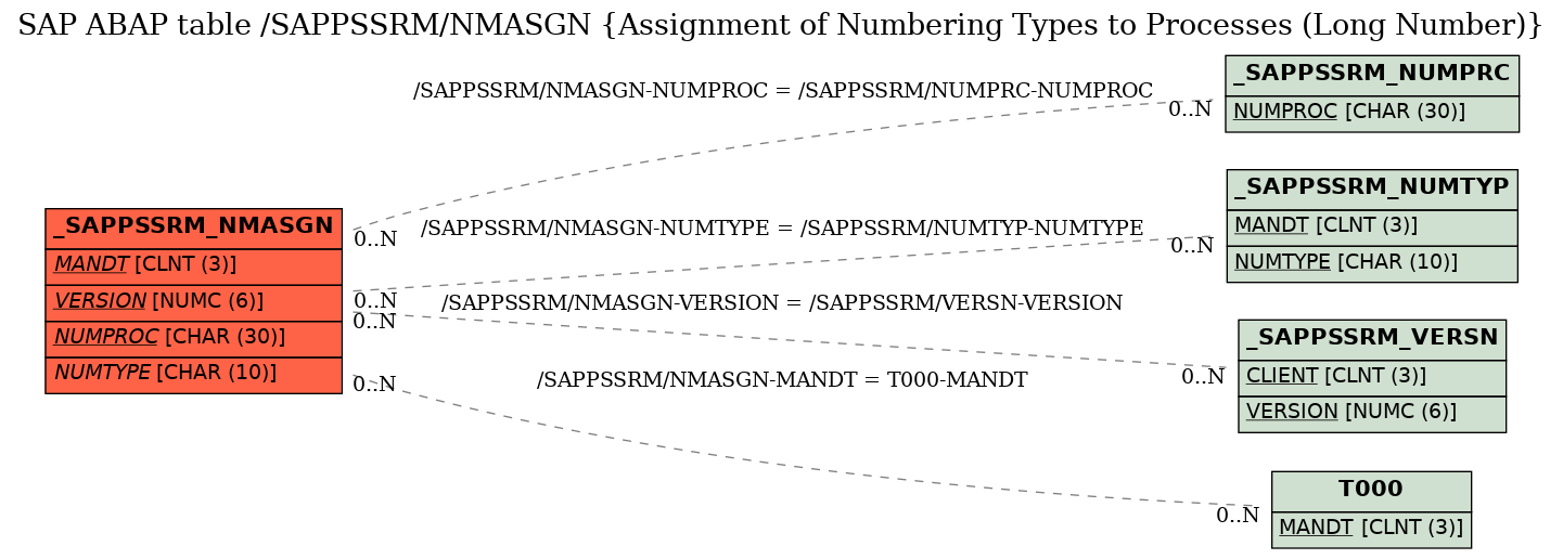 E-R Diagram for table /SAPPSSRM/NMASGN (Assignment of Numbering Types to Processes (Long Number))