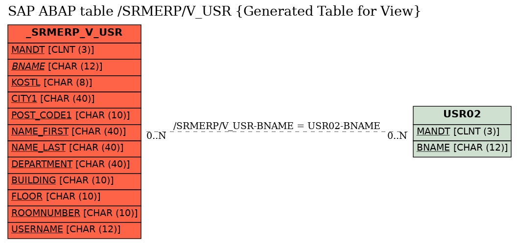 E-R Diagram for table /SRMERP/V_USR (Generated Table for View)