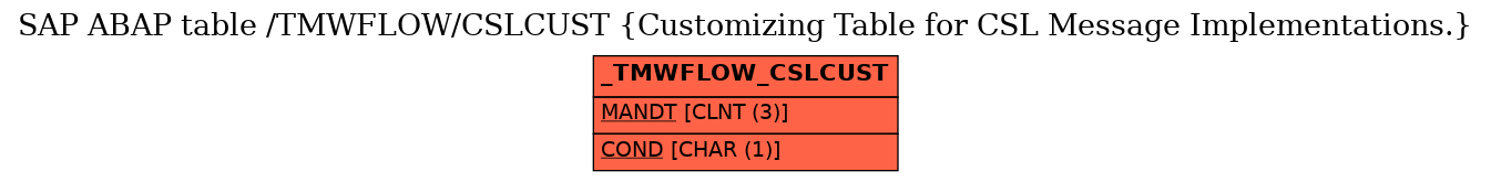 E-R Diagram for table /TMWFLOW/CSLCUST (Customizing Table for CSL Message Implementations.)