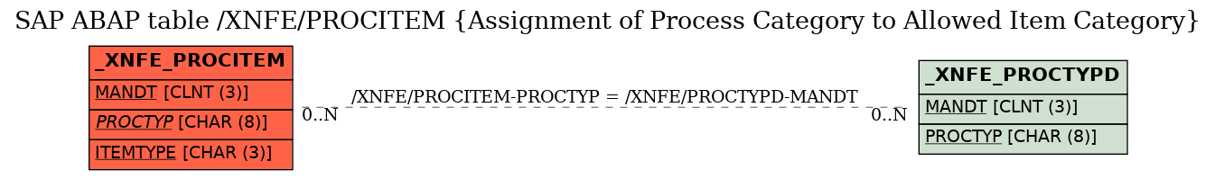 E-R Diagram for table /XNFE/PROCITEM (Assignment of Process Category to Allowed Item Category)