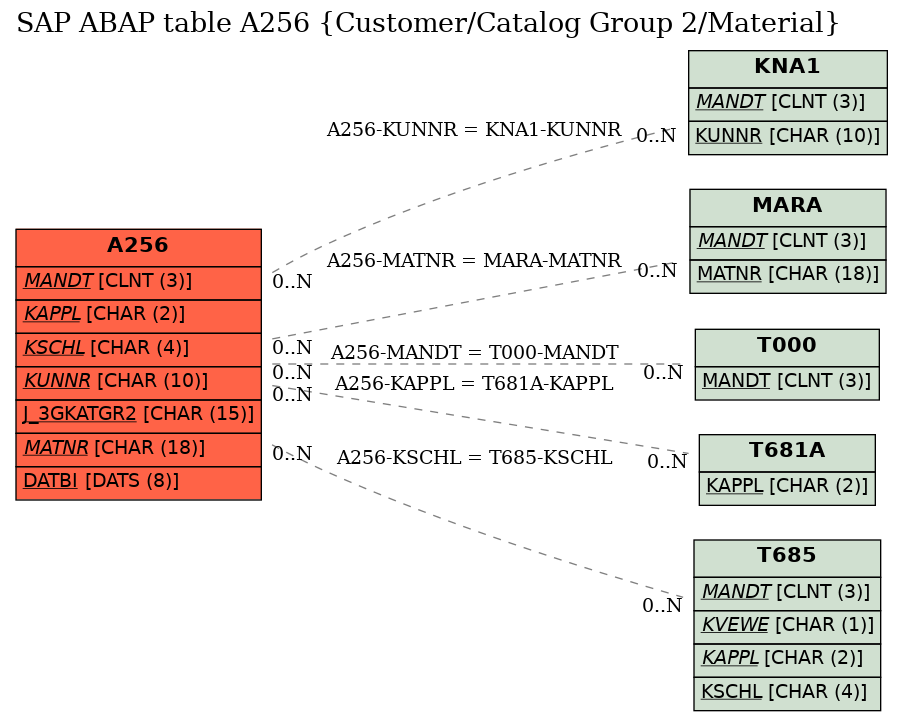 E-R Diagram for table A256 (Customer/Catalog Group 2/Material)