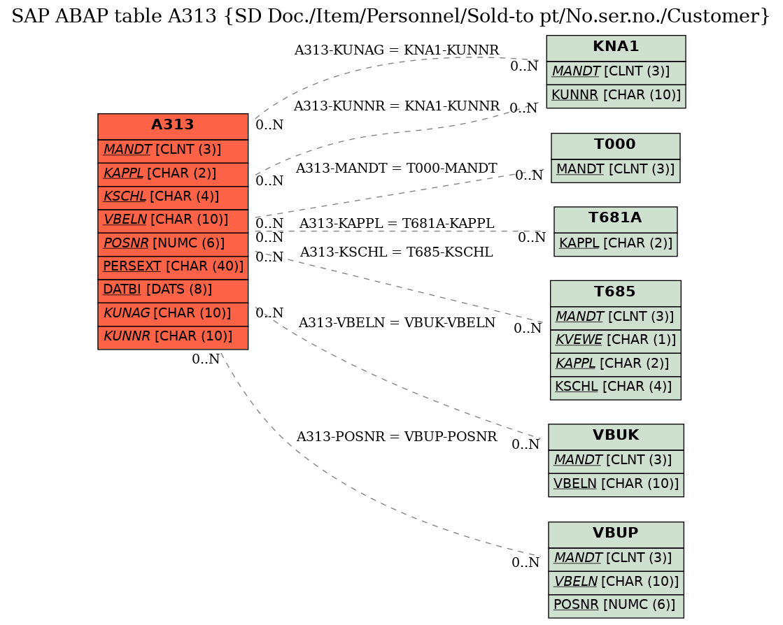 E-R Diagram for table A313 (SD Doc./Item/Personnel/Sold-to pt/No.ser.no./Customer)