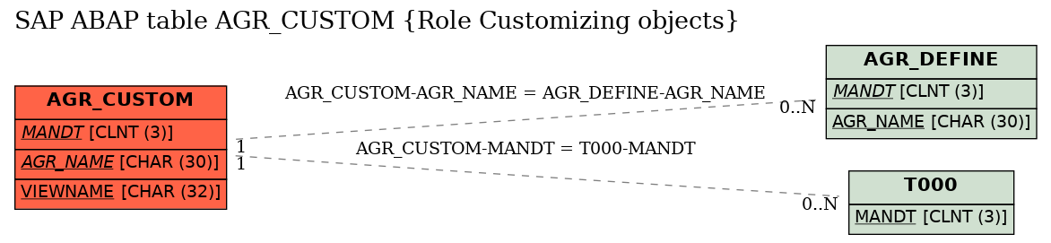 E-R Diagram for table AGR_CUSTOM (Role Customizing objects)