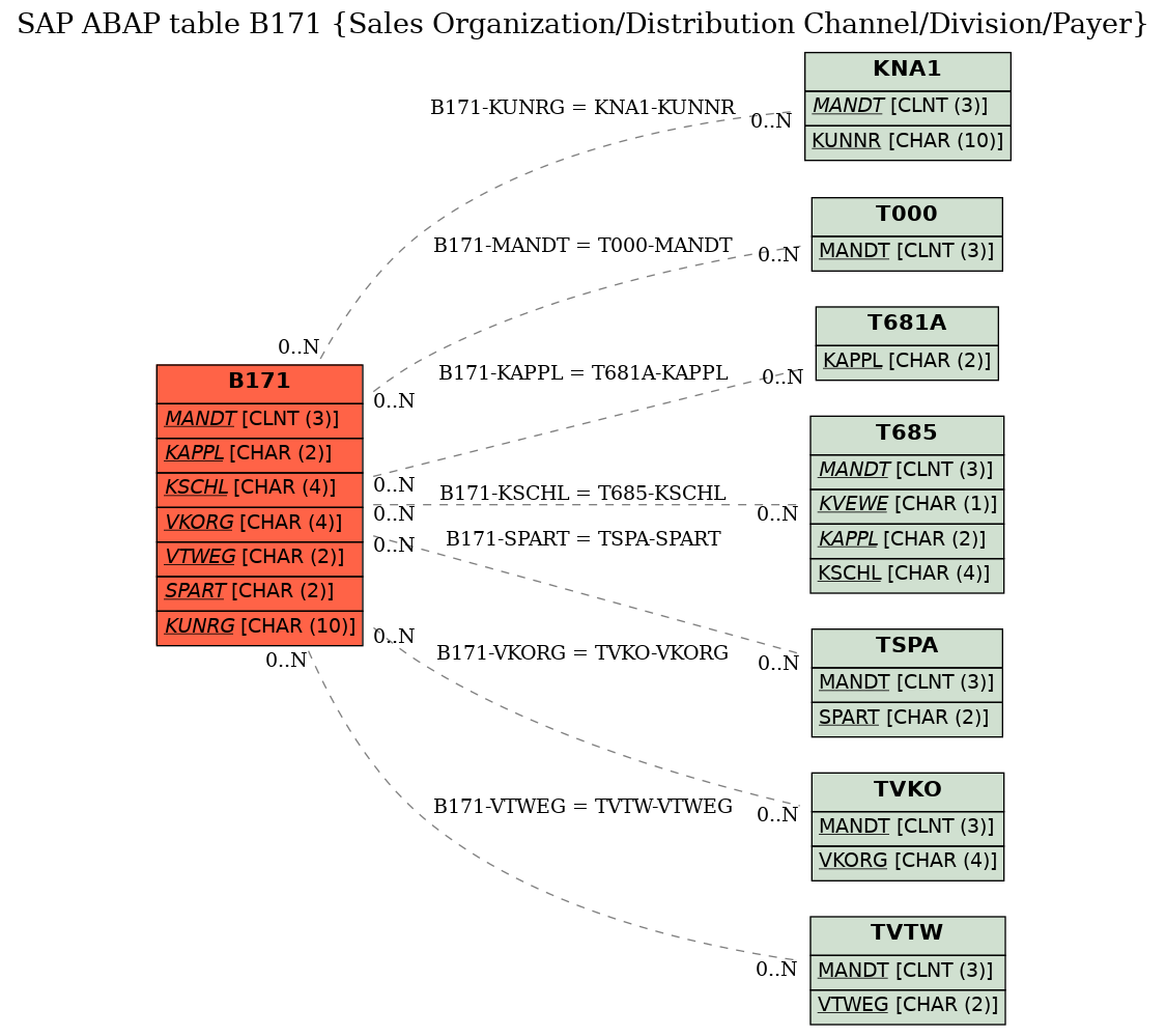 E-R Diagram for table B171 (Sales Organization/Distribution Channel/Division/Payer)