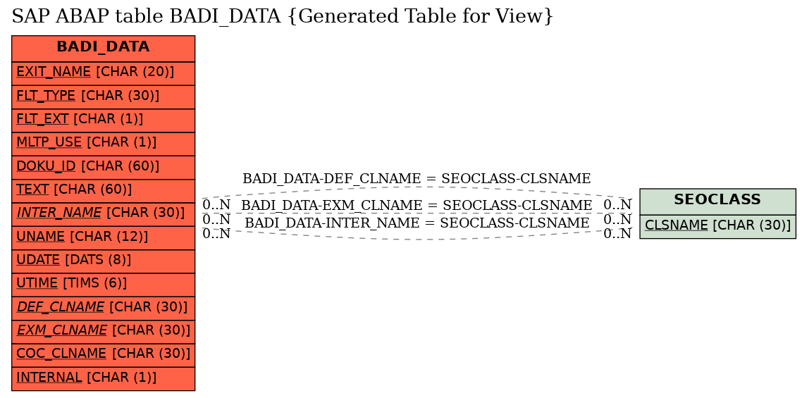 E-R Diagram for table BADI_DATA (Generated Table for View)