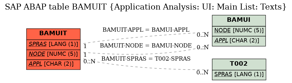 E-R Diagram for table BAMUIT (Application Analysis: UI: Main List: Texts)