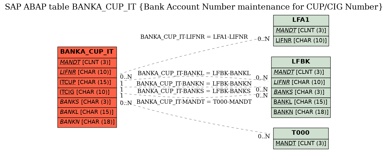 E-R Diagram for table BANKA_CUP_IT (Bank Account Number maintenance for CUP/CIG Number)