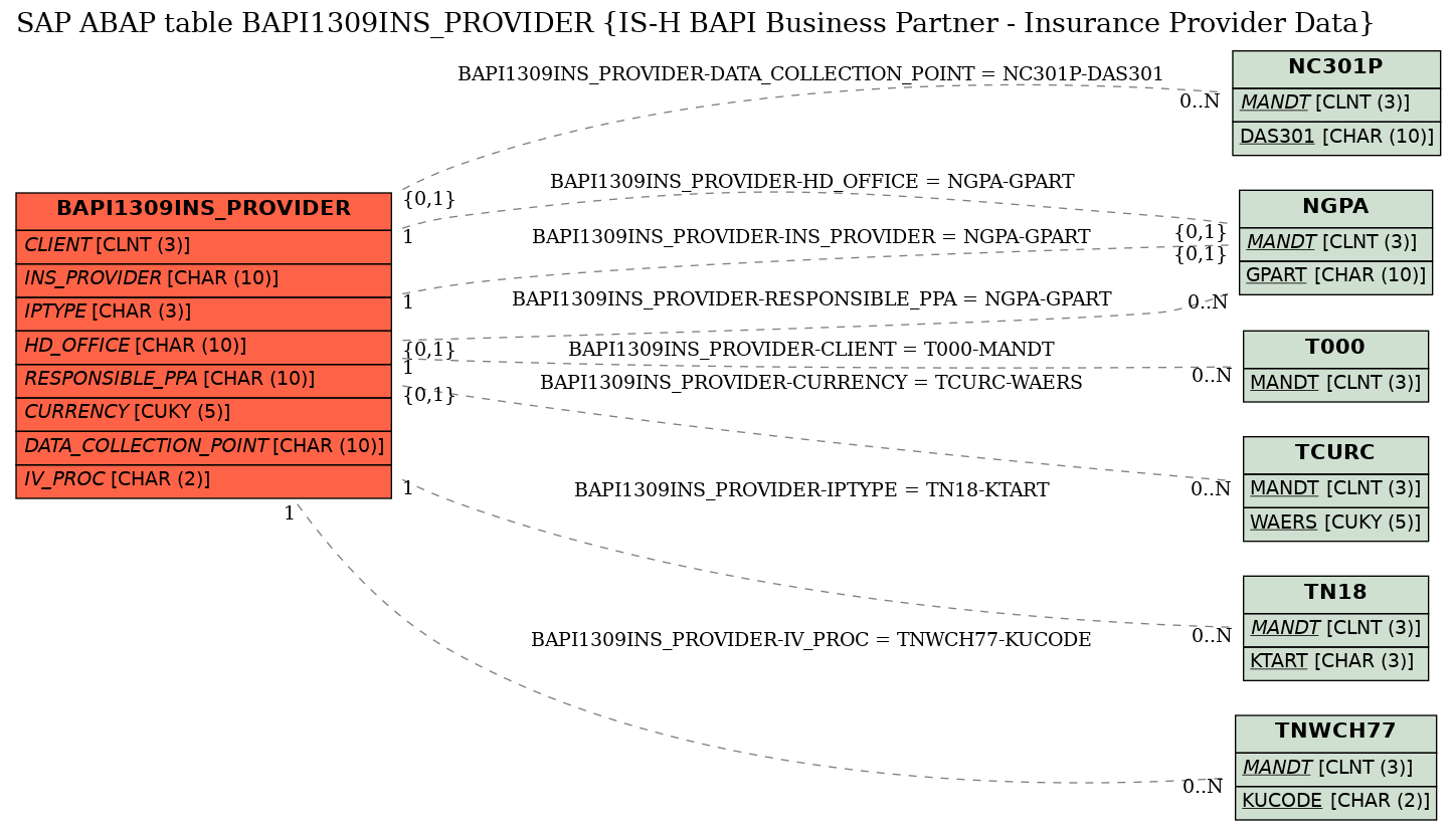 E-R Diagram for table BAPI1309INS_PROVIDER (IS-H BAPI Business Partner - Insurance Provider Data)