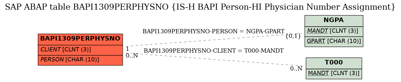 E-R Diagram for table BAPI1309PERPHYSNO (IS-H BAPI Person-HI Physician Number Assignment)