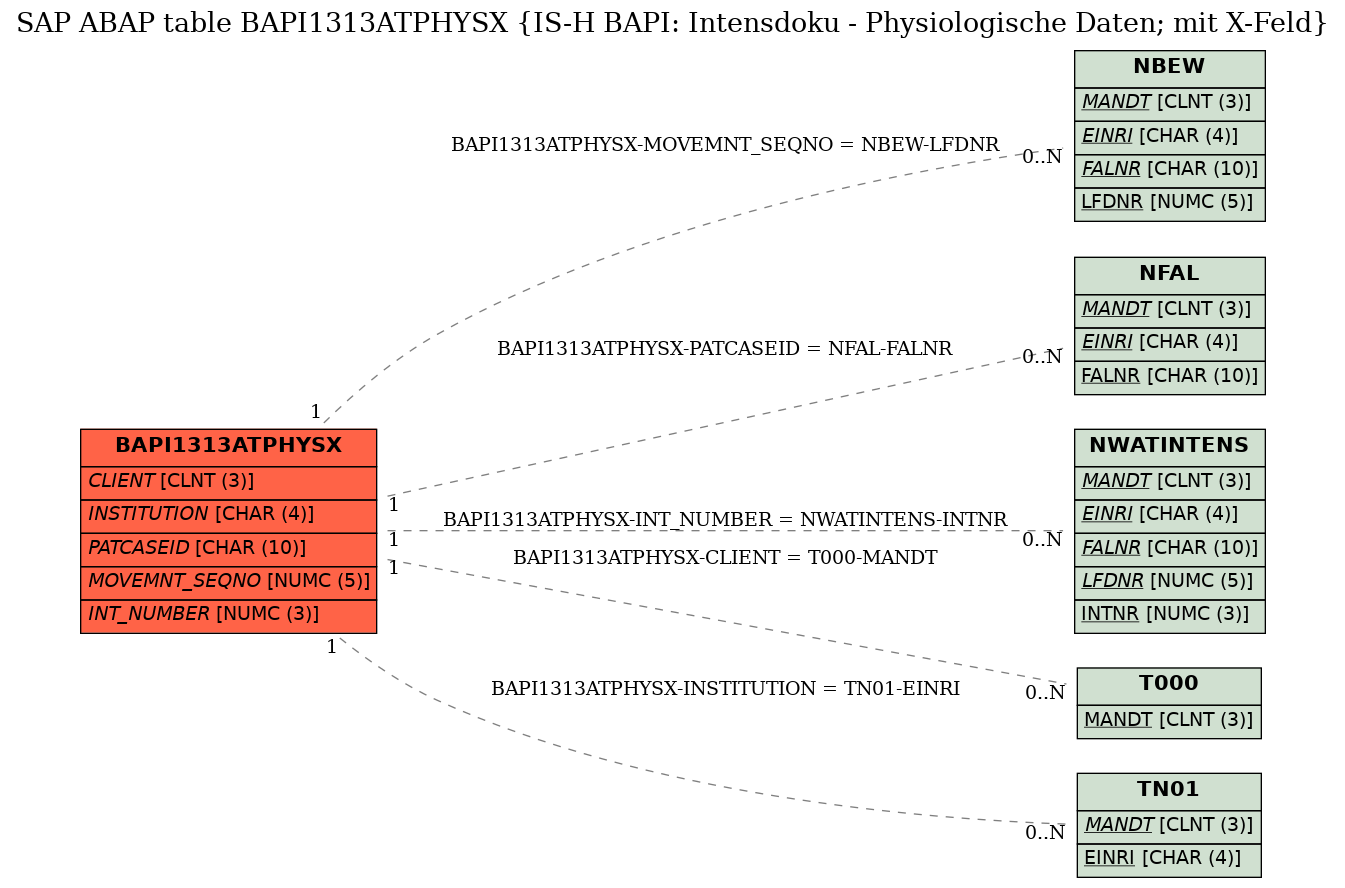 E-R Diagram for table BAPI1313ATPHYSX (IS-H BAPI: Intensdoku - Physiologische Daten; mit X-Feld)