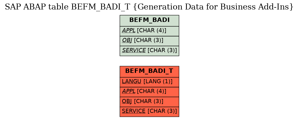 E-R Diagram for table BEFM_BADI_T (Generation Data for Business Add-Ins)