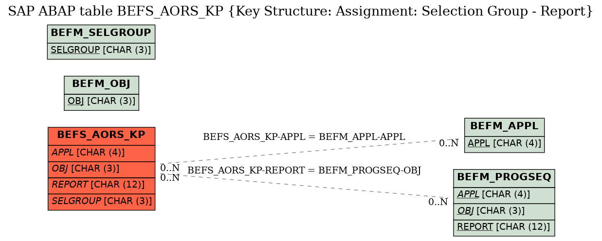 E-R Diagram for table BEFS_AORS_KP (Key Structure: Assignment: Selection Group - Report)