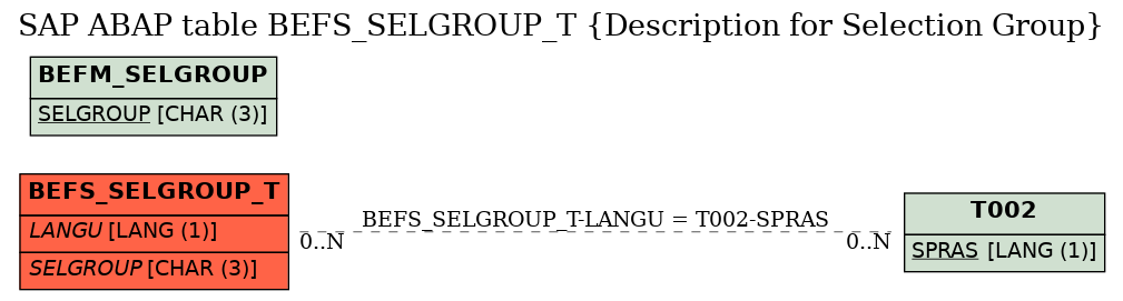 E-R Diagram for table BEFS_SELGROUP_T (Description for Selection Group)