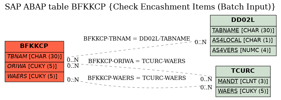 E-R Diagram for table BFKKCP (Check Encashment Items (Batch Input))