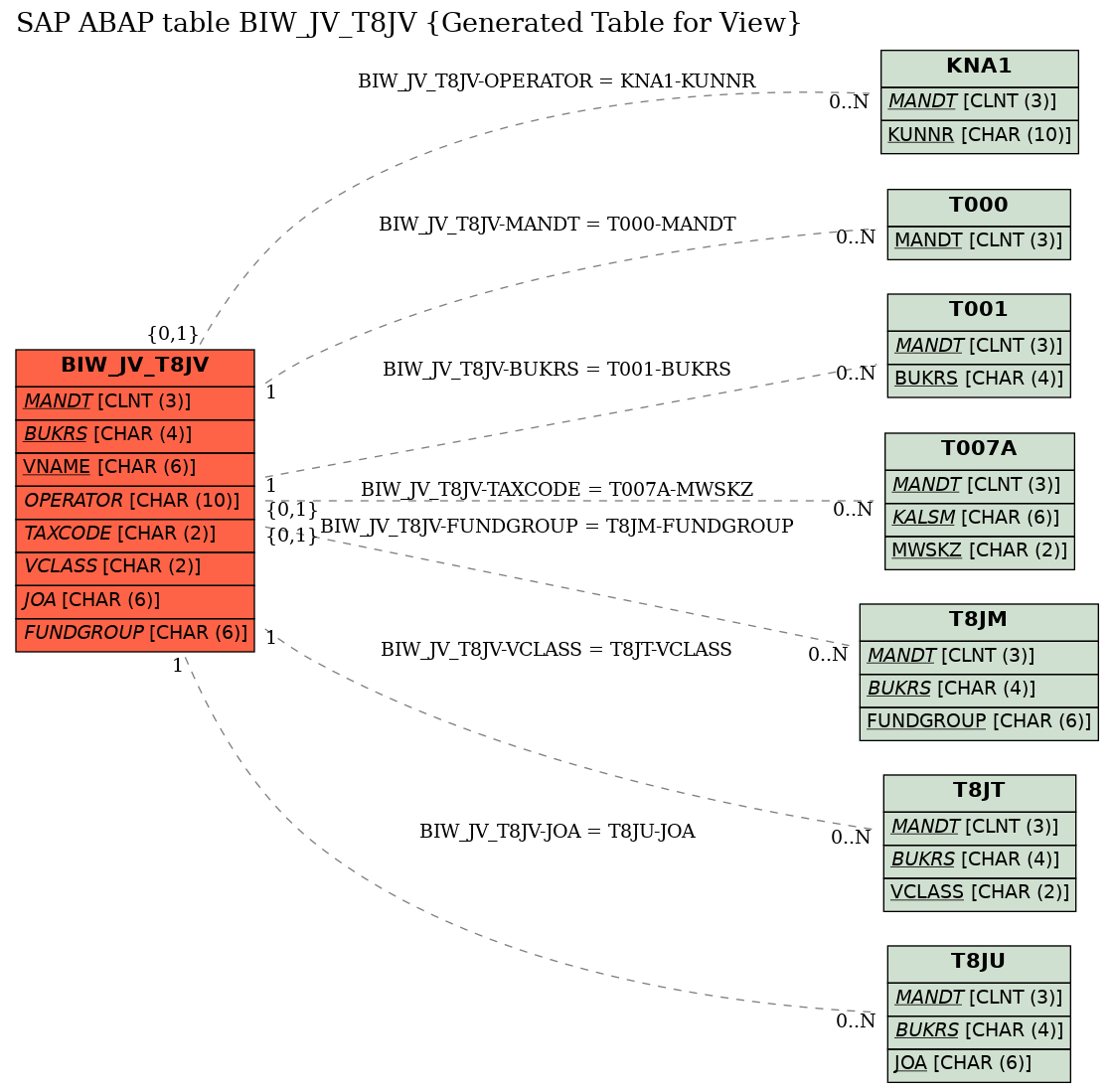E-R Diagram for table BIW_JV_T8JV (Generated Table for View)