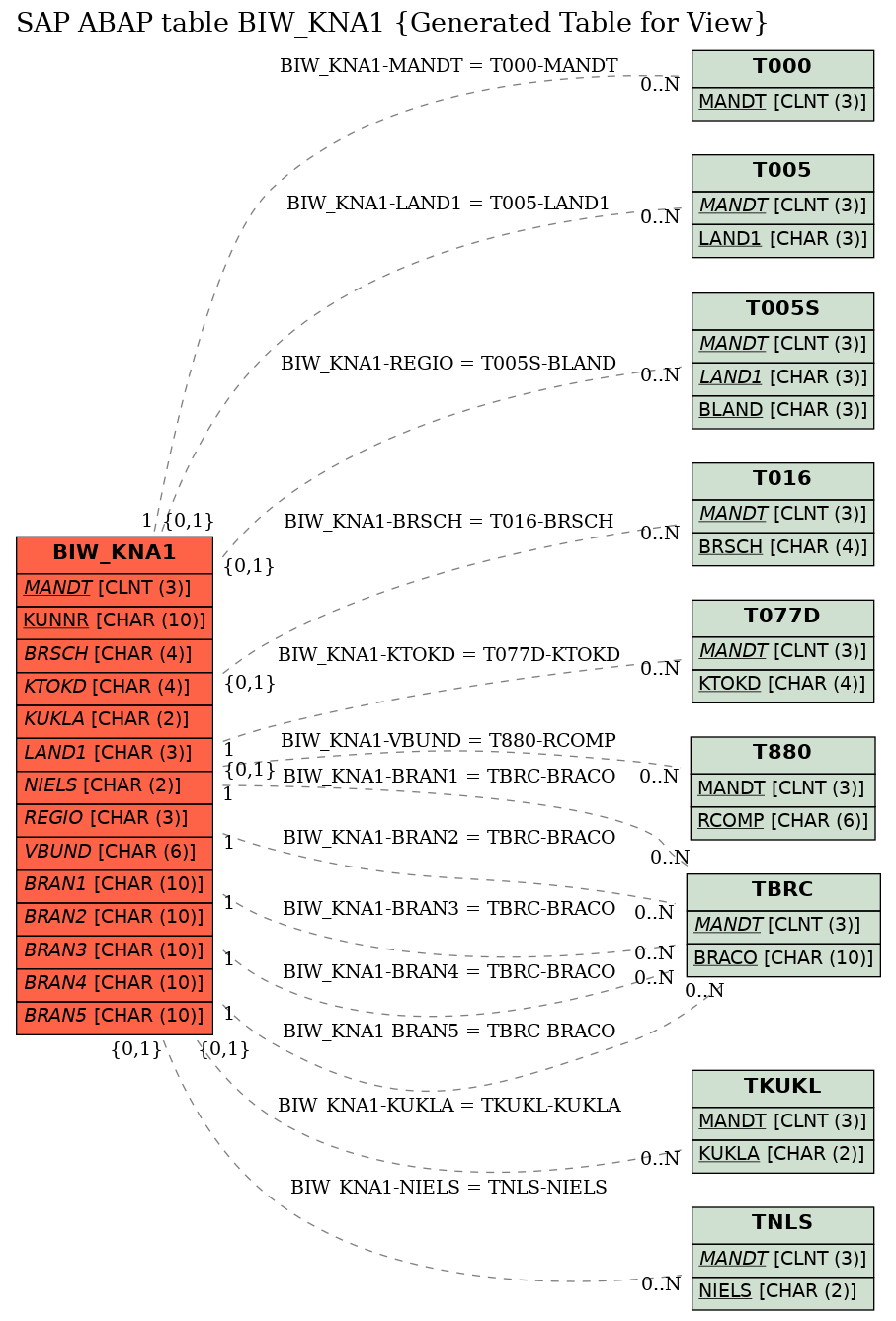 E-R Diagram for table BIW_KNA1 (Generated Table for View)