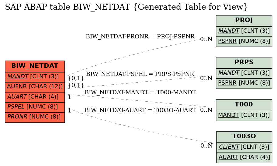 E-R Diagram for table BIW_NETDAT (Generated Table for View)