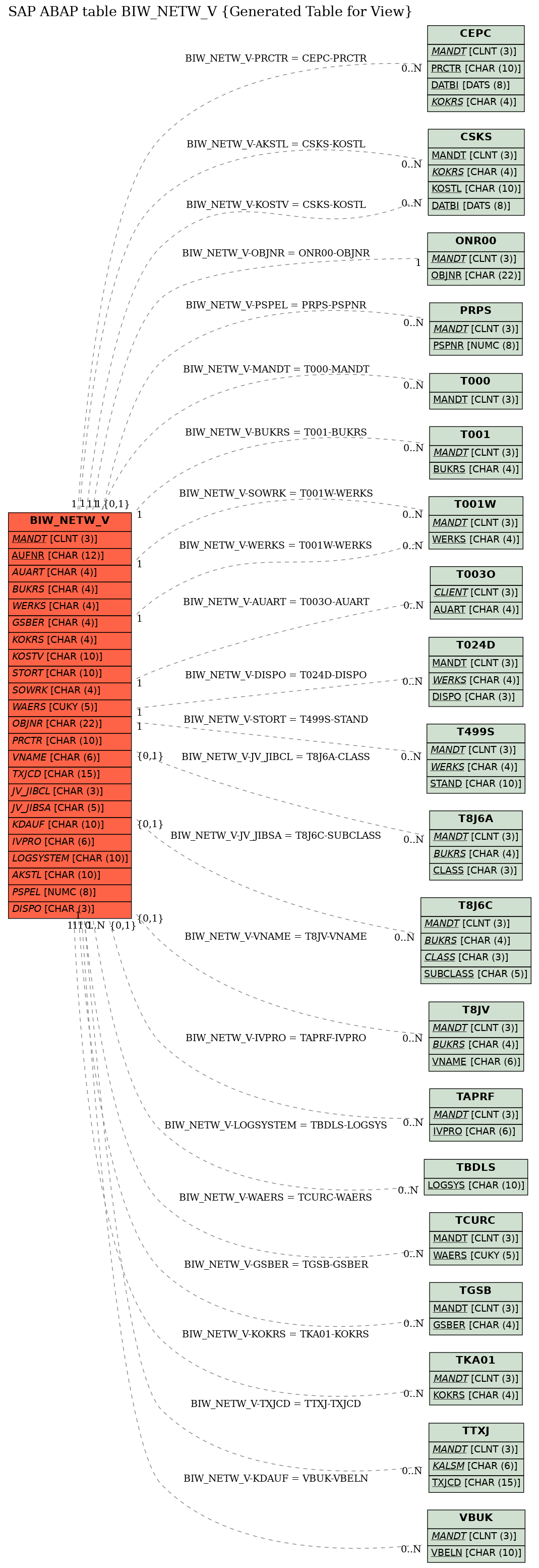 E-R Diagram for table BIW_NETW_V (Generated Table for View)