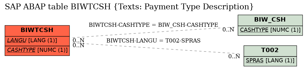 E-R Diagram for table BIWTCSH (Texts: Payment Type Description)