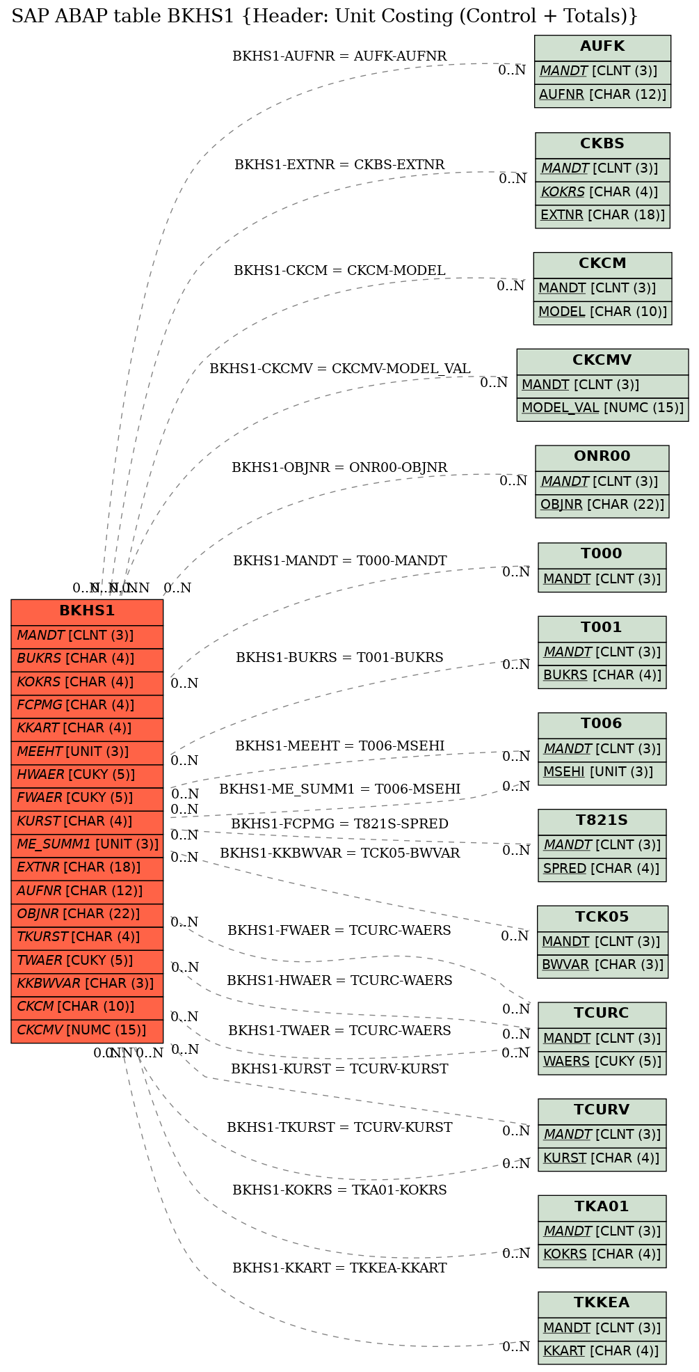 E-R Diagram for table BKHS1 (Header: Unit Costing (Control + Totals))