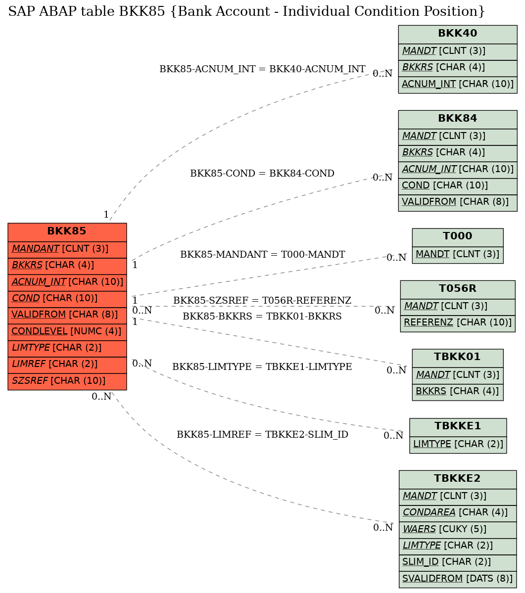 E-R Diagram for table BKK85 (Bank Account - Individual Condition Position)