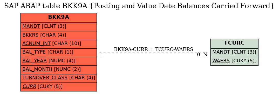 E-R Diagram for table BKK9A (Posting and Value Date Balances Carried Forward)