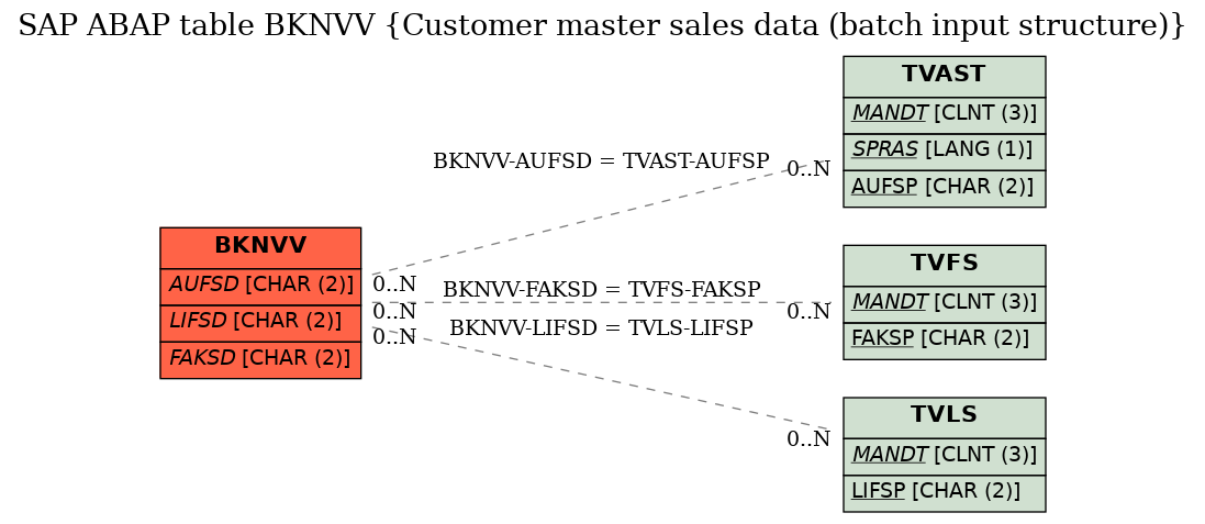 E-R Diagram for table BKNVV (Customer master sales data (batch input structure))