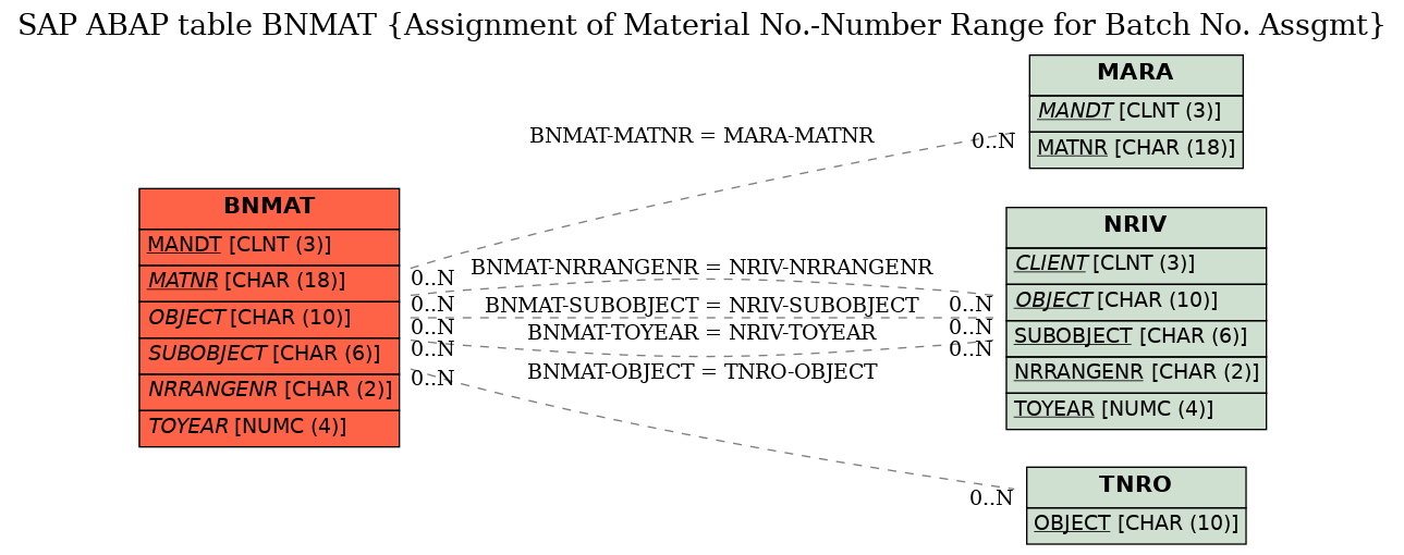 E-R Diagram for table BNMAT (Assignment of Material No.-Number Range for Batch No. Assgmt)