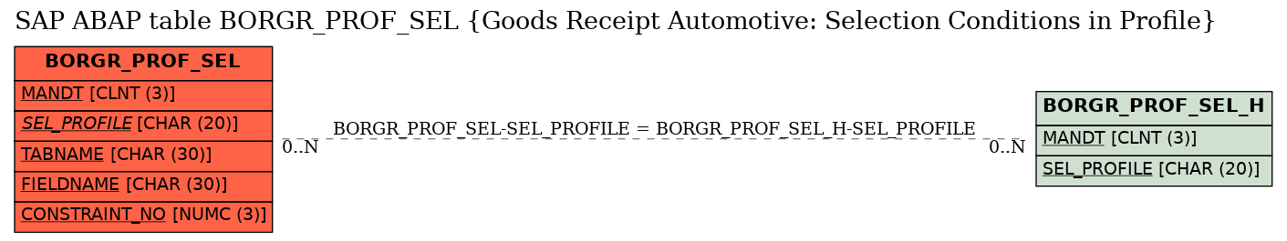 E-R Diagram for table BORGR_PROF_SEL (Goods Receipt Automotive: Selection Conditions in Profile)