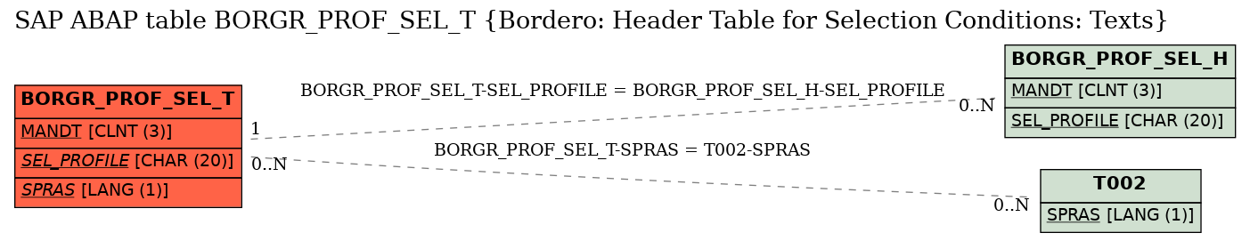 E-R Diagram for table BORGR_PROF_SEL_T (Bordero: Header Table for Selection Conditions: Texts)