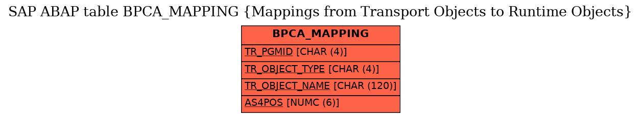 E-R Diagram for table BPCA_MAPPING (Mappings from Transport Objects to Runtime Objects)