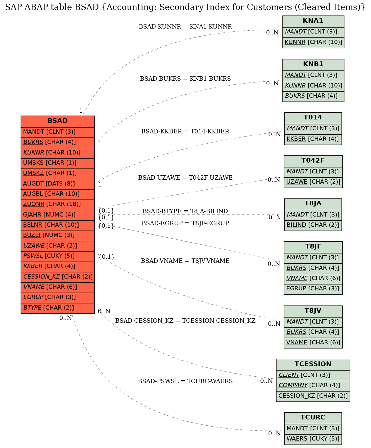 E-R Diagram for table BSAD (Accounting: Secondary Index for Customers (Cleared Items))