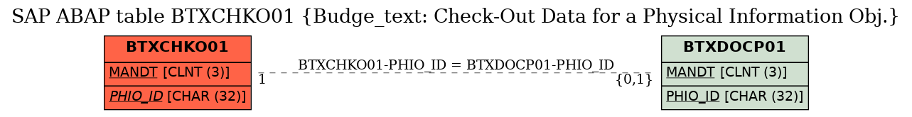 E-R Diagram for table BTXCHKO01 (Budge_text: Check-Out Data for a Physical Information Obj.)