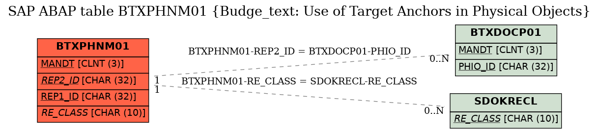 E-R Diagram for table BTXPHNM01 (Budge_text: Use of Target Anchors in Physical Objects)