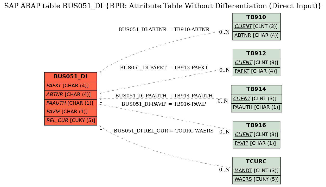 E-R Diagram for table BUS051_DI (BPR: Attribute Table Without Differentiation (Direct Input))