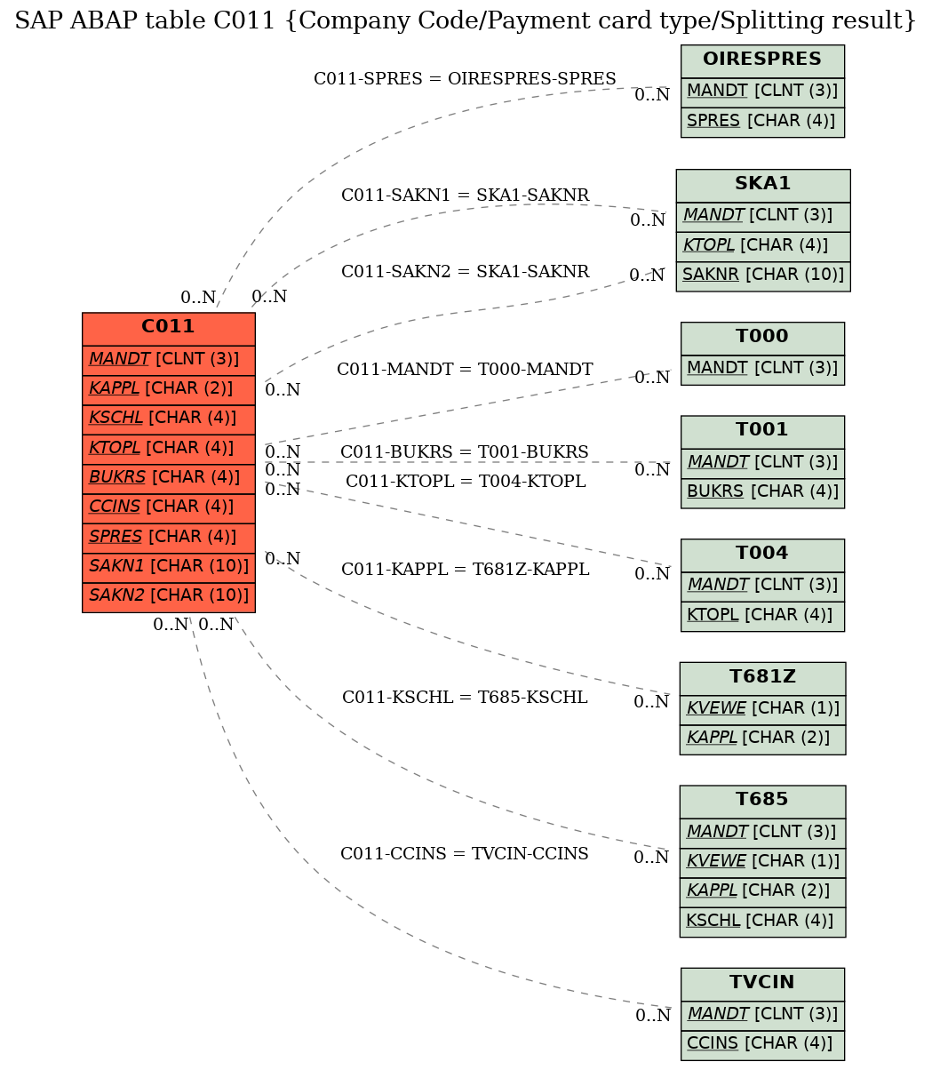 E-R Diagram for table C011 (Company Code/Payment card type/Splitting result)