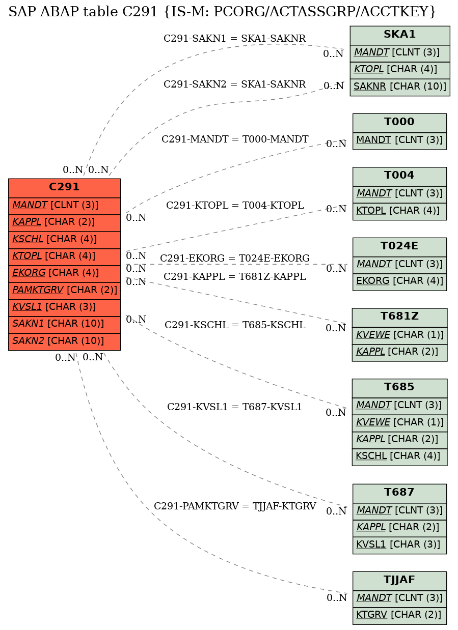 E-R Diagram for table C291 (IS-M: PCORG/ACTASSGRP/ACCTKEY)