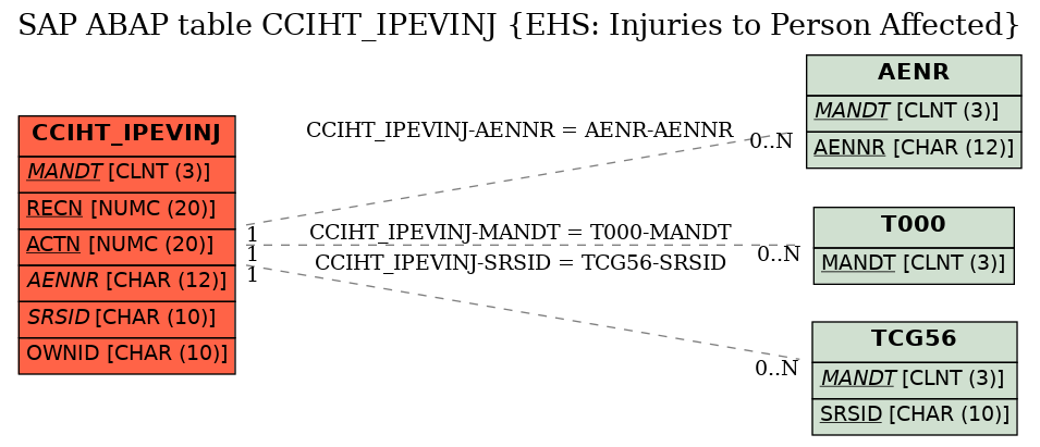 E-R Diagram for table CCIHT_IPEVINJ (EHS: Injuries to Person Affected)